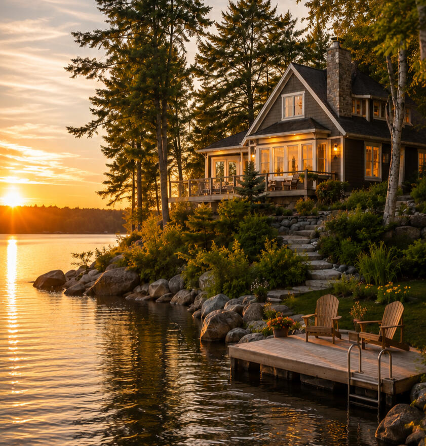Коттедж и waterfront property в Онтарио Всесезонный коттедж у озера в Онтарио с частным причалом — пример waterfront property.